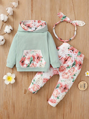 Girls Casual Floral Print Outfit Hoodie & Pants & Headwear Set