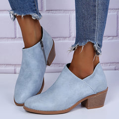 Women's Ankle Stacked Heel Short Boots V Cut Side Zipper