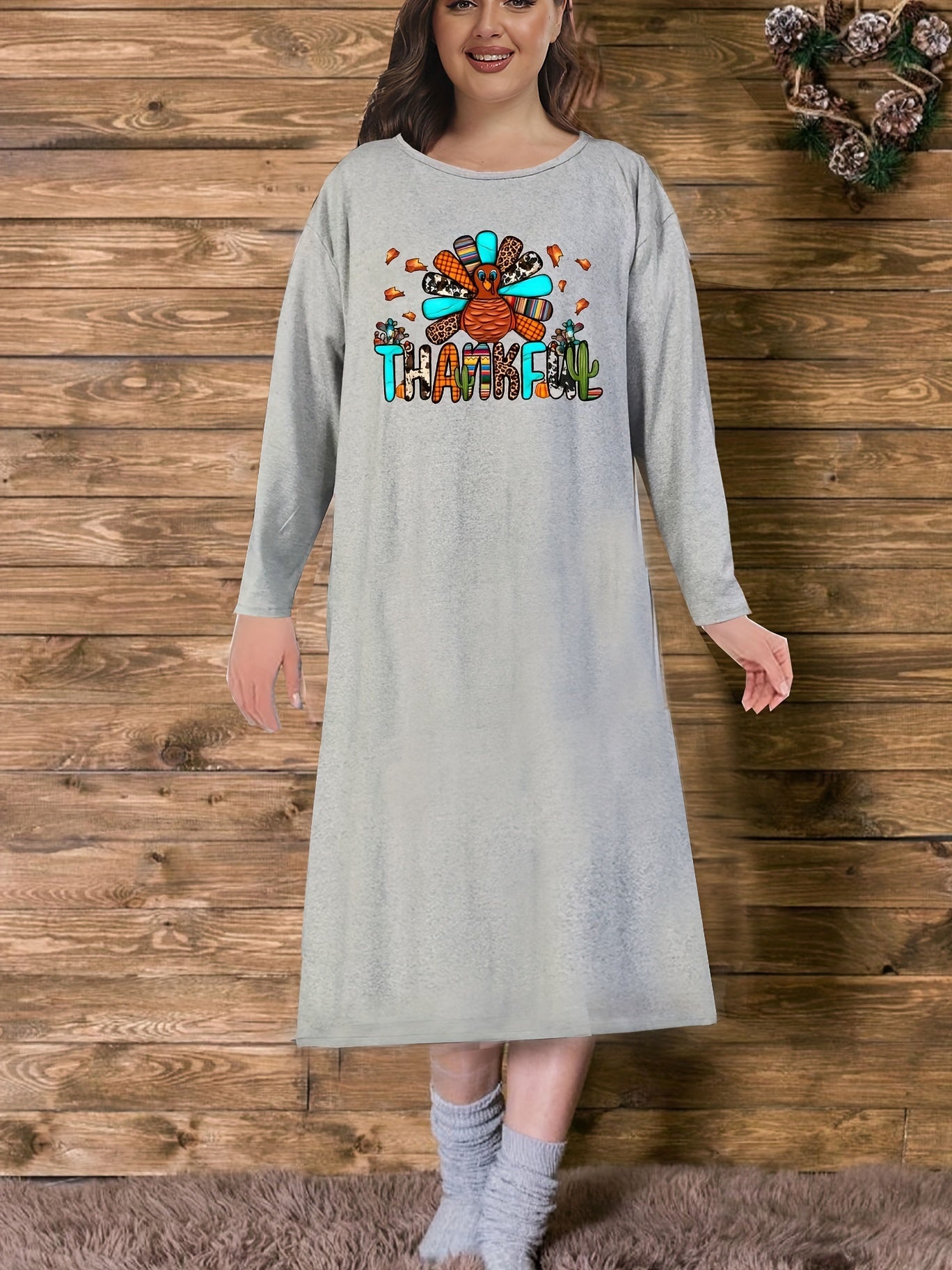 Turkey Print Long Sleeve Tee Nightdress