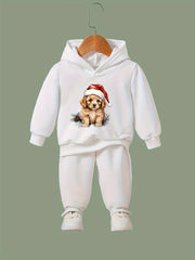 Girls Dog Santa Hat Pattern Hooded Sweatshirt Sweatpants Set