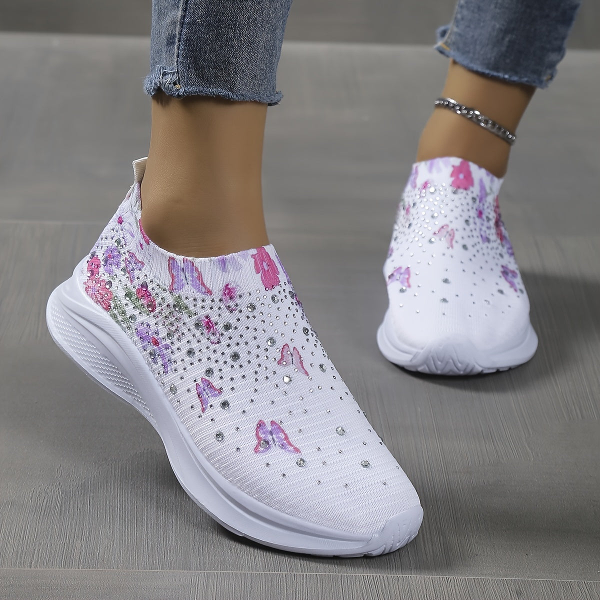 Women's Rhinestone Sock Shoes Butterfly & Floral Print Knitted Low Top Sneakers