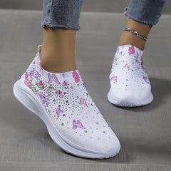 Women's Rhinestone Sock Shoes Butterfly & Floral Print Knitted Low Top Sneakers