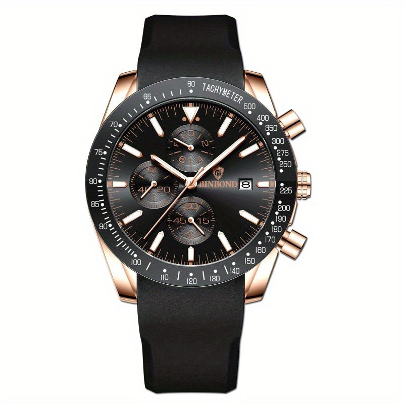 Multifunctional 3D Dial Men's Business Watch Waterproof Quartz Silicone