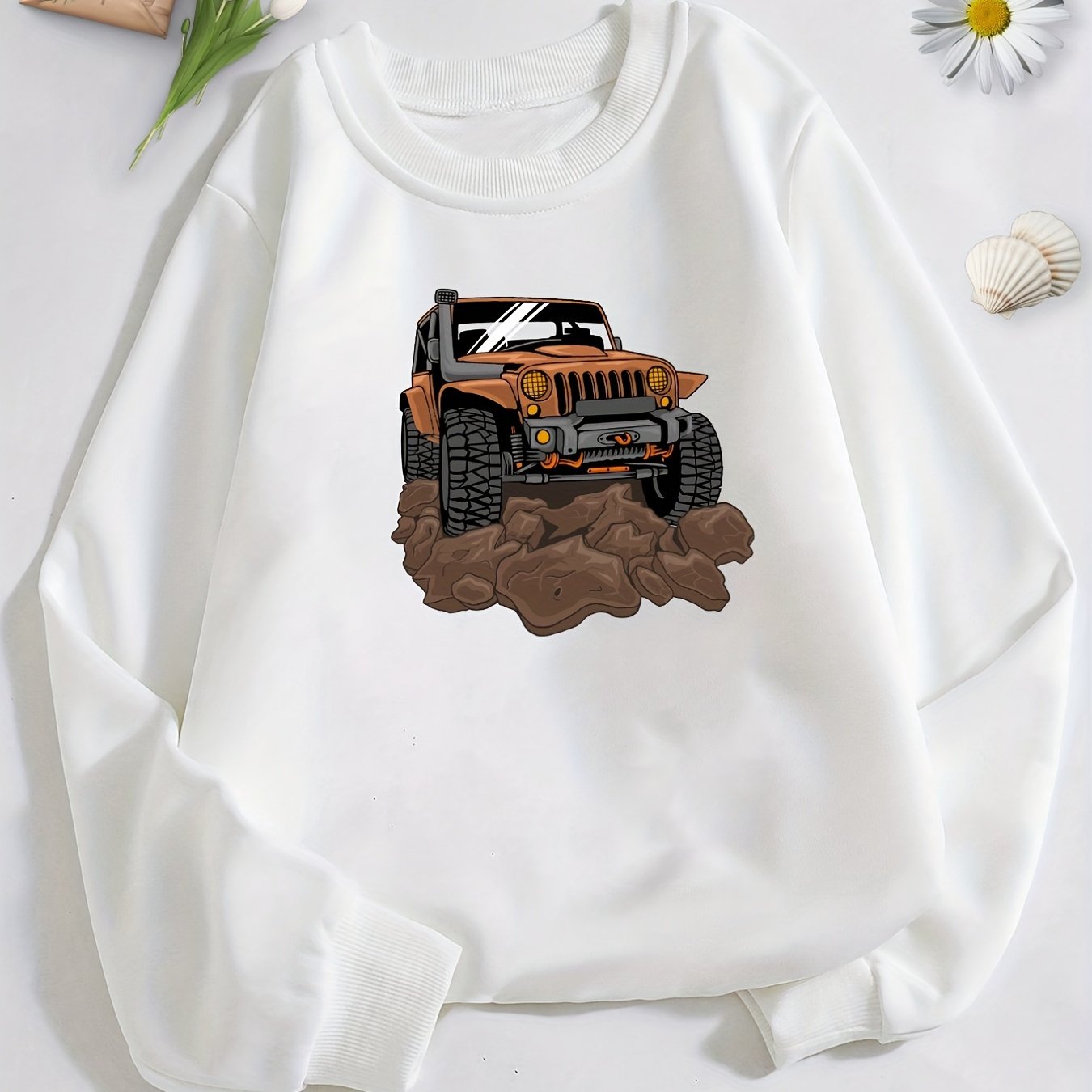 Car Print Boys Casual Pullover Sweatshirt Long Sleeve Crew Neck Tops