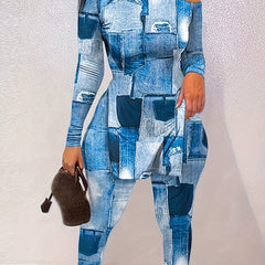 Denim Print One Shoulder Top & Leggings Outfit Set