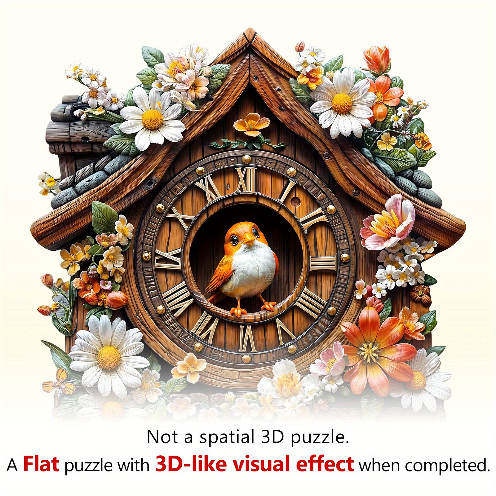 Bird Clock Wooden Puzzle Animal Shape Jigsaw Colorful Flowers & Bird Decorative