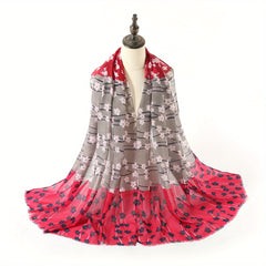 Flower Print Raw Edge Scarf Classic Block Shawl Casual Windproof Head Wrap