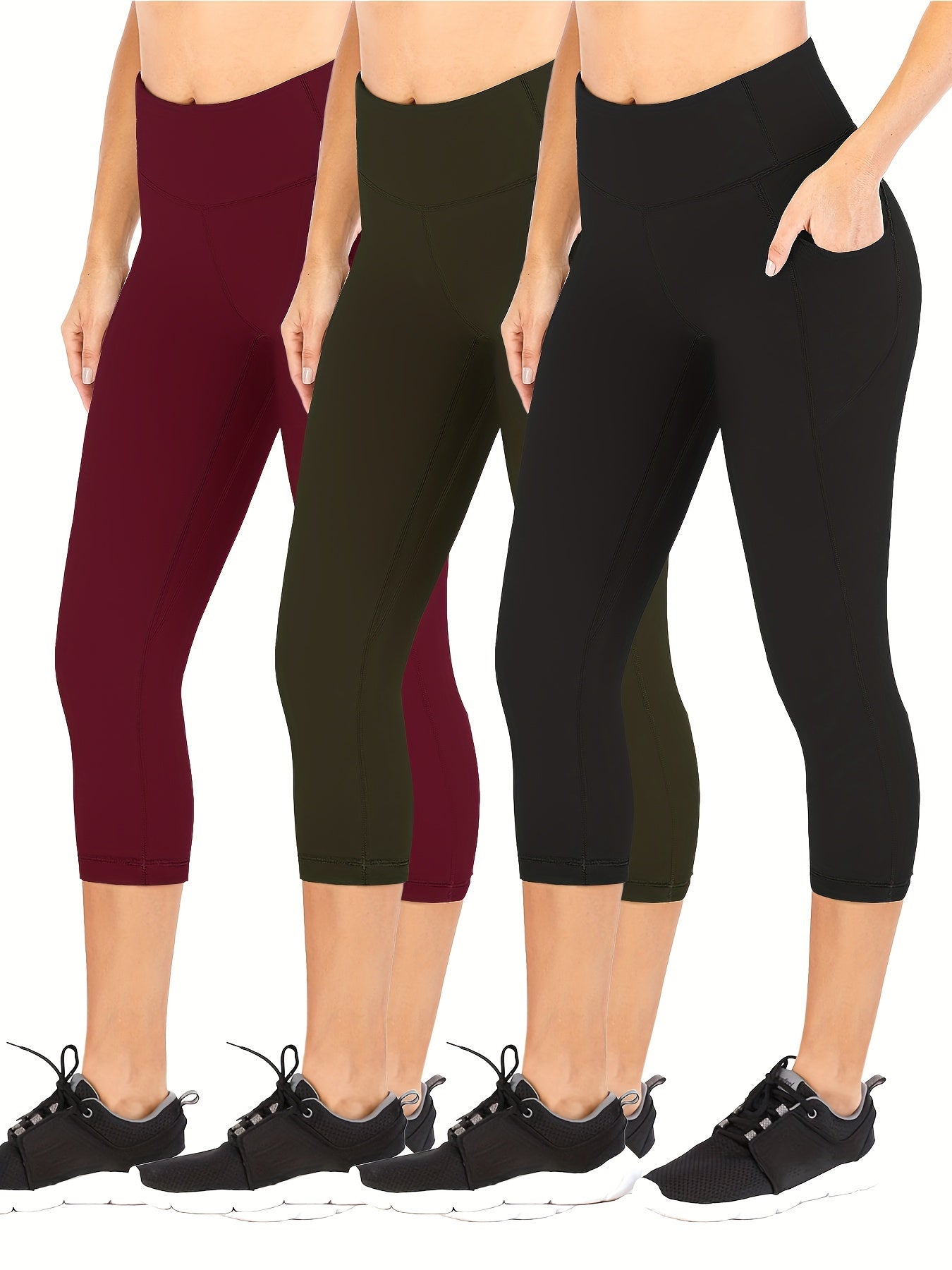 3Pcs Slim Fit Capris Yoga Pants Mid Stretch With Side Pocket