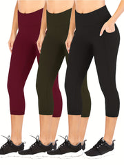 3Pcs Slim Fit Capris Yoga Pants Mid Stretch With Side Pocket