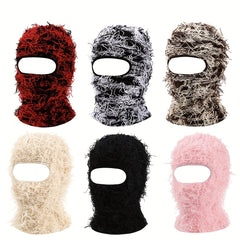 Fringe Trim Casual Balaclava Distressed Knitted Ski Mask