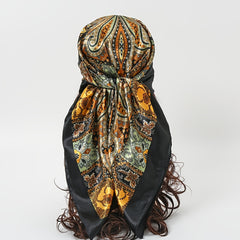 Boho Flower Print Scarf Satin Square Shawl Headscarf Wrap Casual Sunscreen