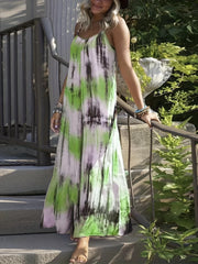Tie Dye V Neck Maxi Dress Medium Stretch Loose Cami