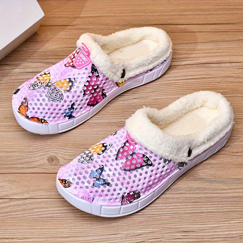 Women's Colorful Butterfly Pattern Warm Hole Shoes Comfortable Slippers