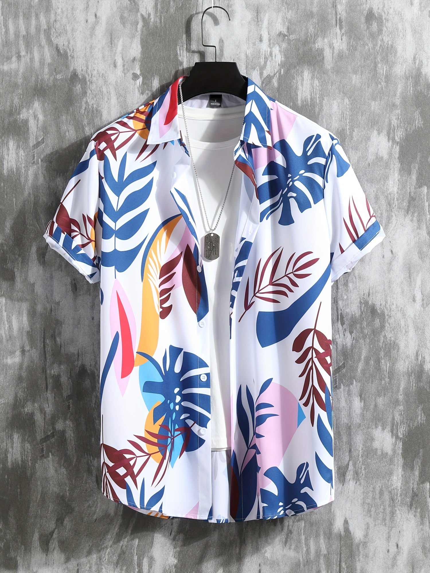 Men's Leaf Print 2Pcs Outfits Camp Collar Hawaiian Shirt & Drawstring Shorts Set
