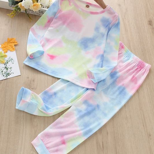 2pcs Toddler Girls Pink Tie Dye Print Long Sleeve Pants