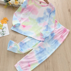 2pcs Toddler Girls Pink Tie Dye Print Long Sleeve Pants