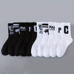 10 Pairs Letter Print Socks Women's Comfy Breathable Sports Mid Tube Stockings