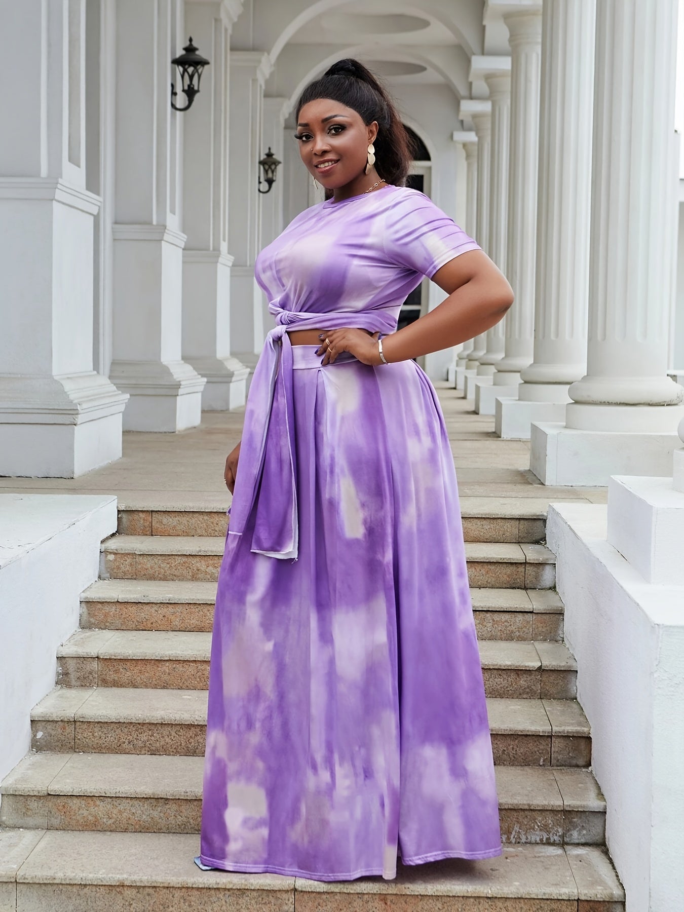 Tie Dye Print Crop Top & Maxi Skirt 2pcs Set Outfit Plus Size