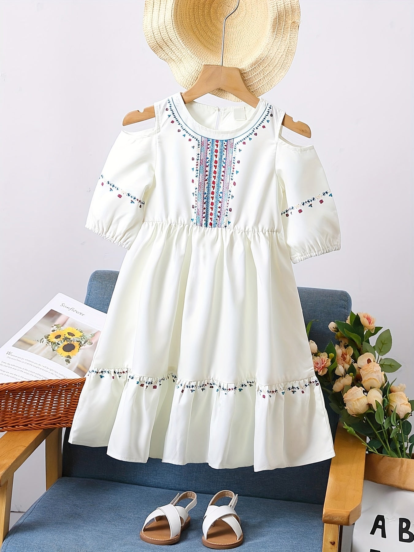 Girls Print Princess Dress Off Shoulder Casual Kids Summer Clothes