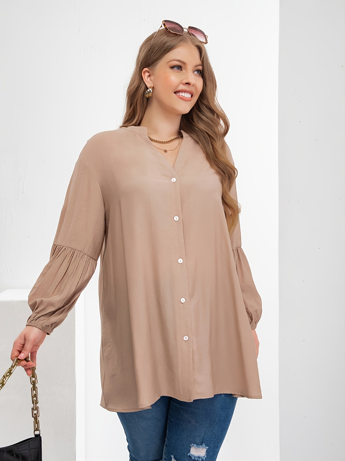 Oversized Tunic Lantern Sleeve Blouse Women's Plus Loose Fit Shirt