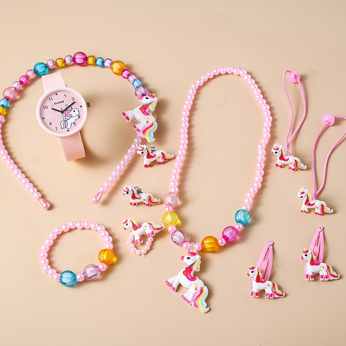 Unicorn Watch Necklace Hair Clips Bracelet Set Kids Birthday Christmas Gift