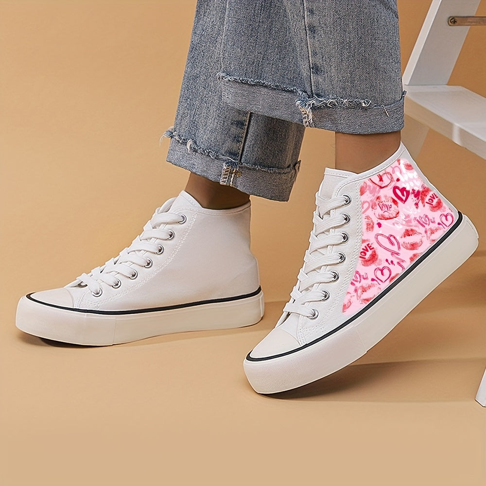 Heart & Lips Print High Top Canvas Sneakers