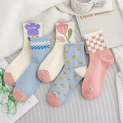 5 Pairs Women's Floral & Heart Print Mid Tube Socks
