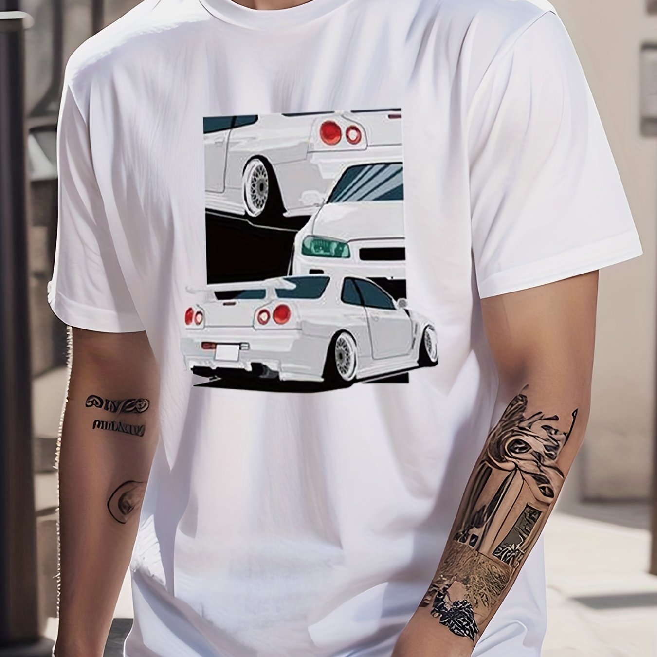 Cotton Car Painting Print Men's Graphic Crew Neck T shirt