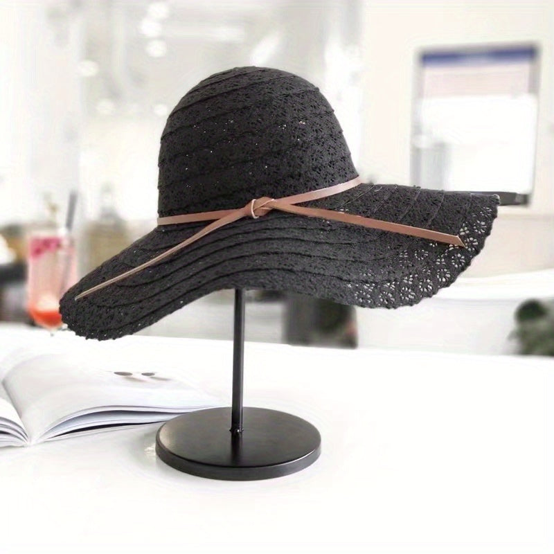 Striped Lace Sun Hat Wide Brim Hollow Straw UV Protection Travel Beach Hat