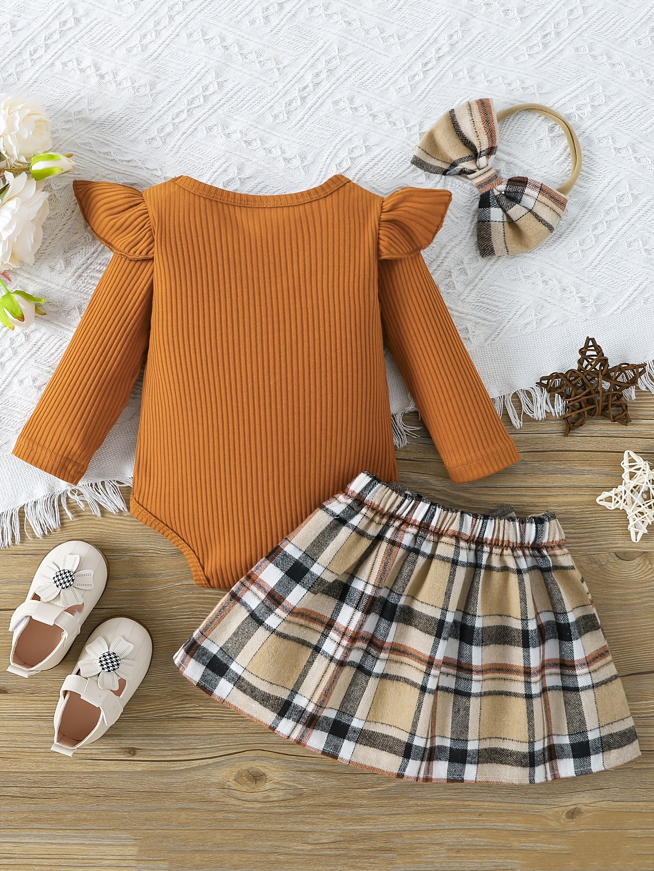 Toddler Bear Embroidered Romper Plaid Skirt Headwear Outfit