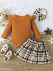 Toddler Bear Embroidered Romper Plaid Skirt Headwear Outfit