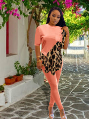 Leopard Print Two Piece Set: T-shirt & High Waist Pants