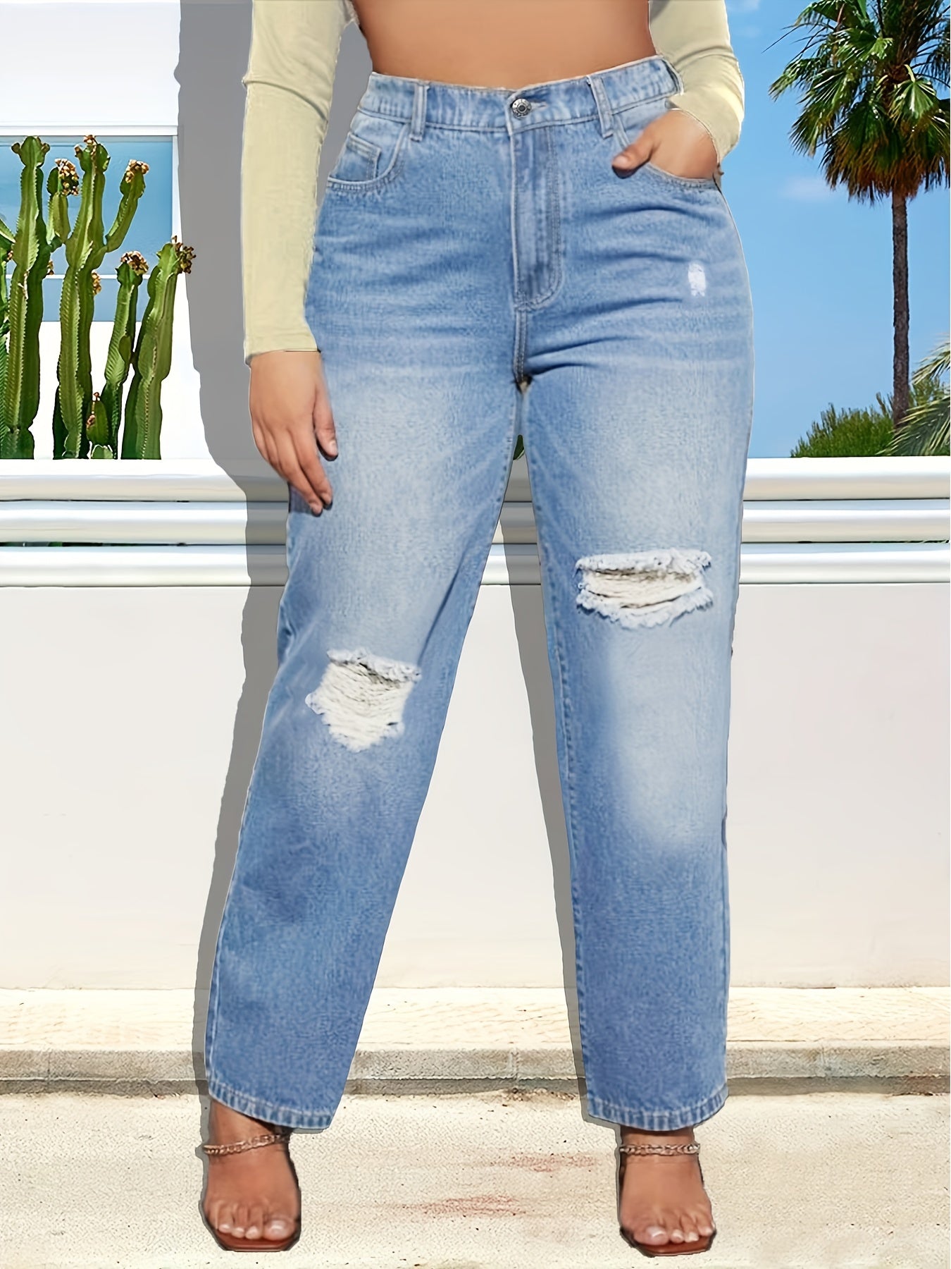 Button Fly Ripped High Rise Straight Leg Jeans