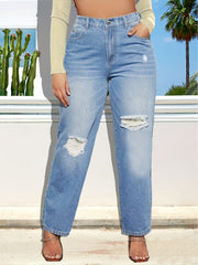 Button Fly Ripped High Rise Straight Leg Jeans