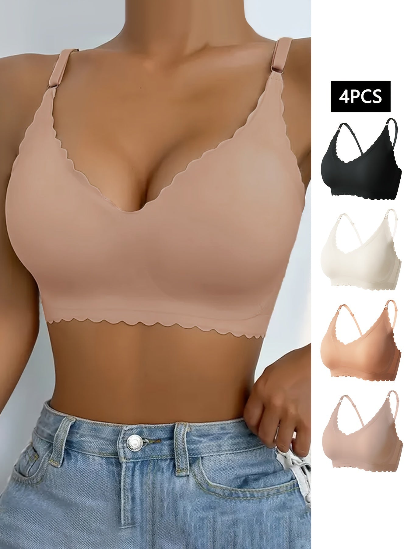 4pcs Wirefree Push Up Sports Bra V neck Workout Running Bra For Women