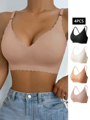 4pcs Wirefree Push Up Sports Bra V neck Workout Running Bra For Women