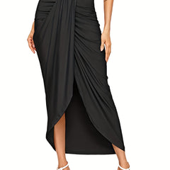 Ruched Split Skirt Vacation Asymmetric High Waist Skirt