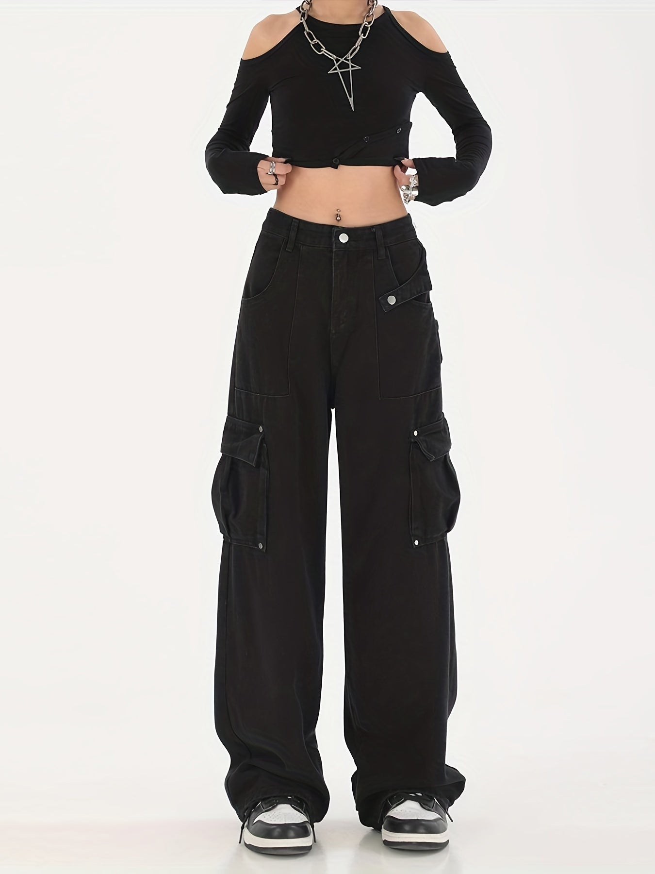 Flap Pockets Cargo Pants Loose Fit Non Stretch Straight Jeans
