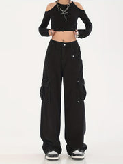 Flap Pockets Cargo Pants Loose Fit Non Stretch Straight Jeans