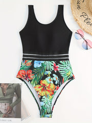 Tropical Floral Leaf Print Mesh Insert High Cut One Piece Swimsuit