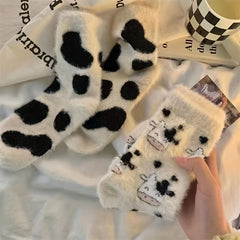 2 Pairs Cartoon Cow Spot Socks Warm & Fuzzy Stockings