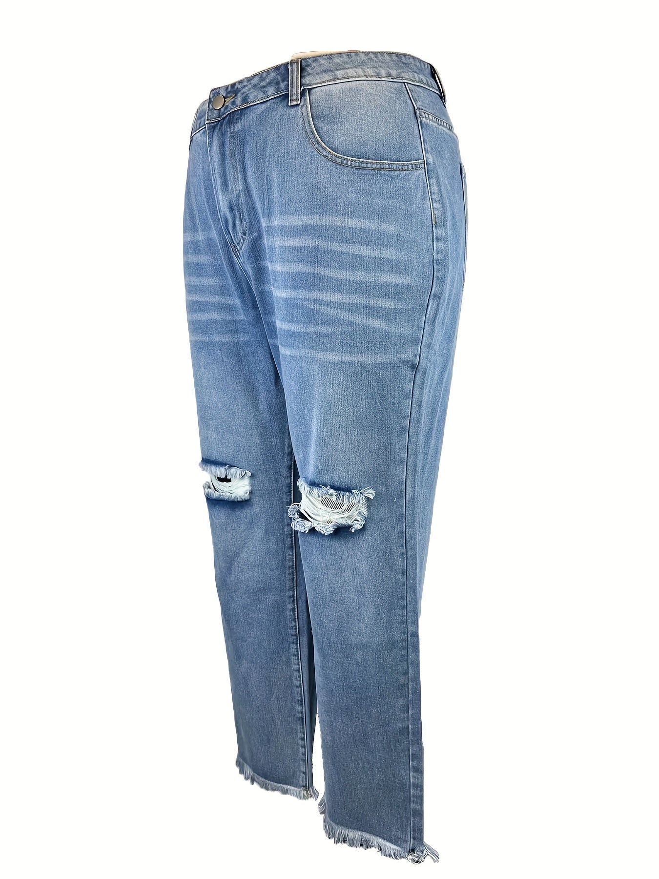 Women's Plus Ripped Raw Trim High Rise Loose Fit Jeans