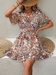 Paisley Print Layered Shirred Waist Dress Boho Short Sleeve Dress