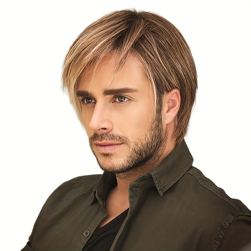 Men's Short Straight Golden Brown Wig with Fringe