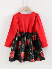 Girls Rose Print Stitching Dress for Party