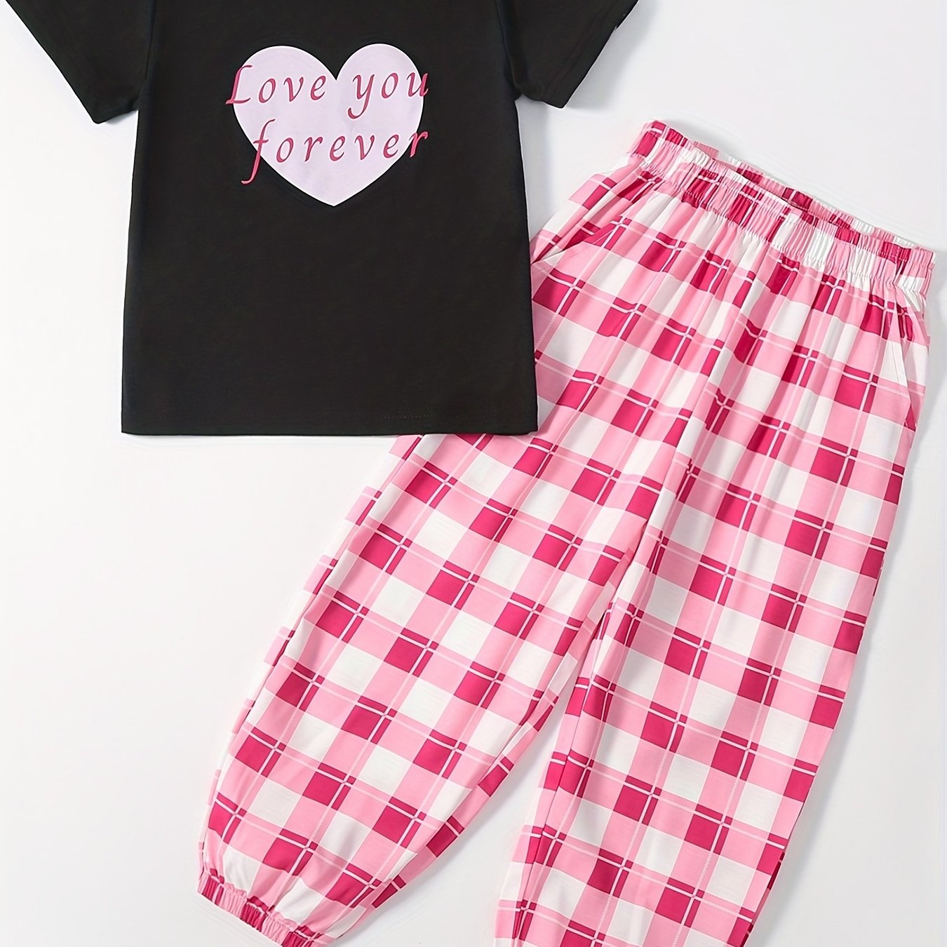 Girls Casual T-shirt & Plaid Trousers Set Loungewear Set