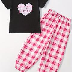 Girls Casual T-shirt & Plaid Trousers Set Loungewear Set