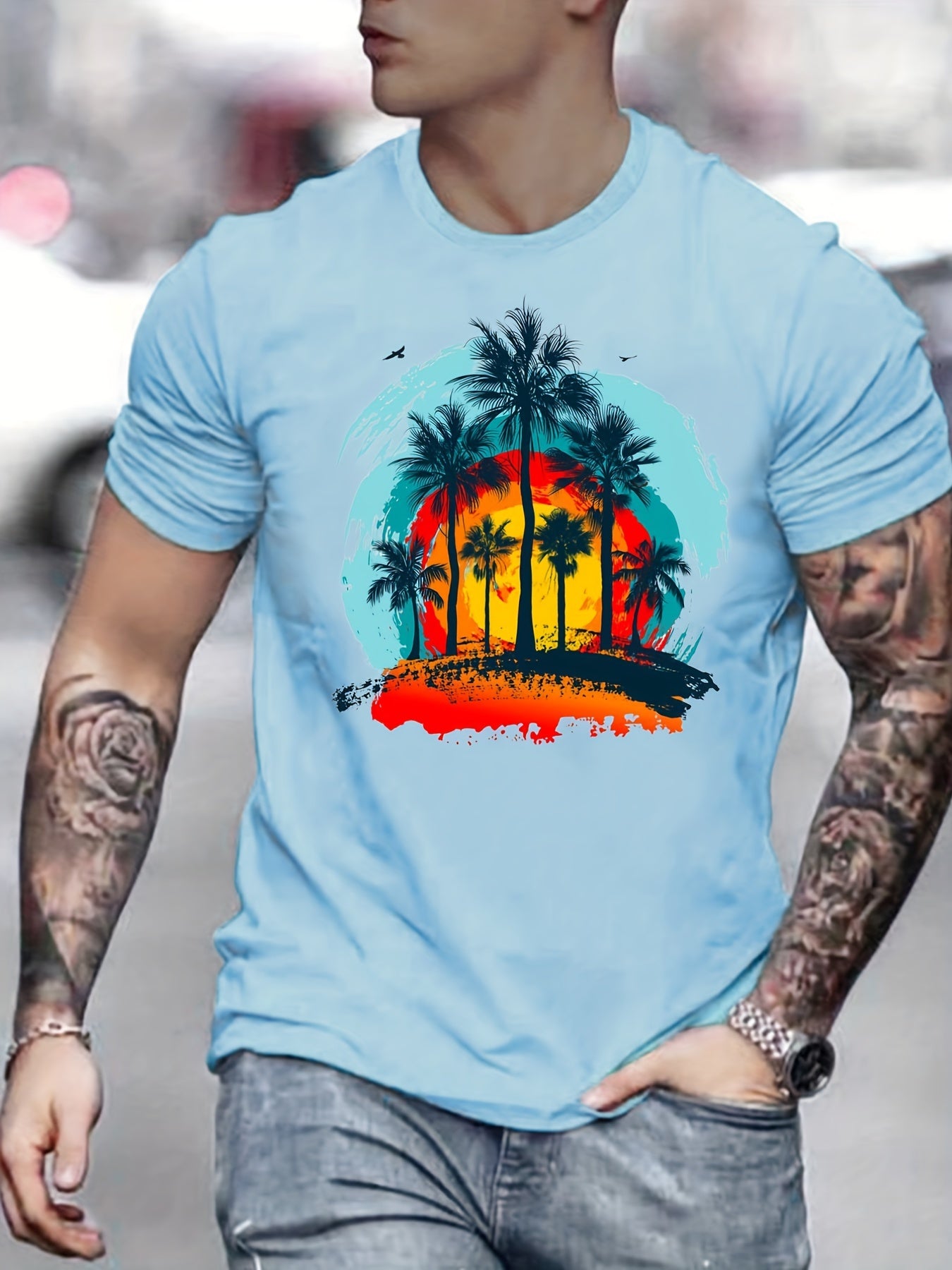 Coconut Palm & Sunset Print Men's Graphic Crew Neck T-shirt