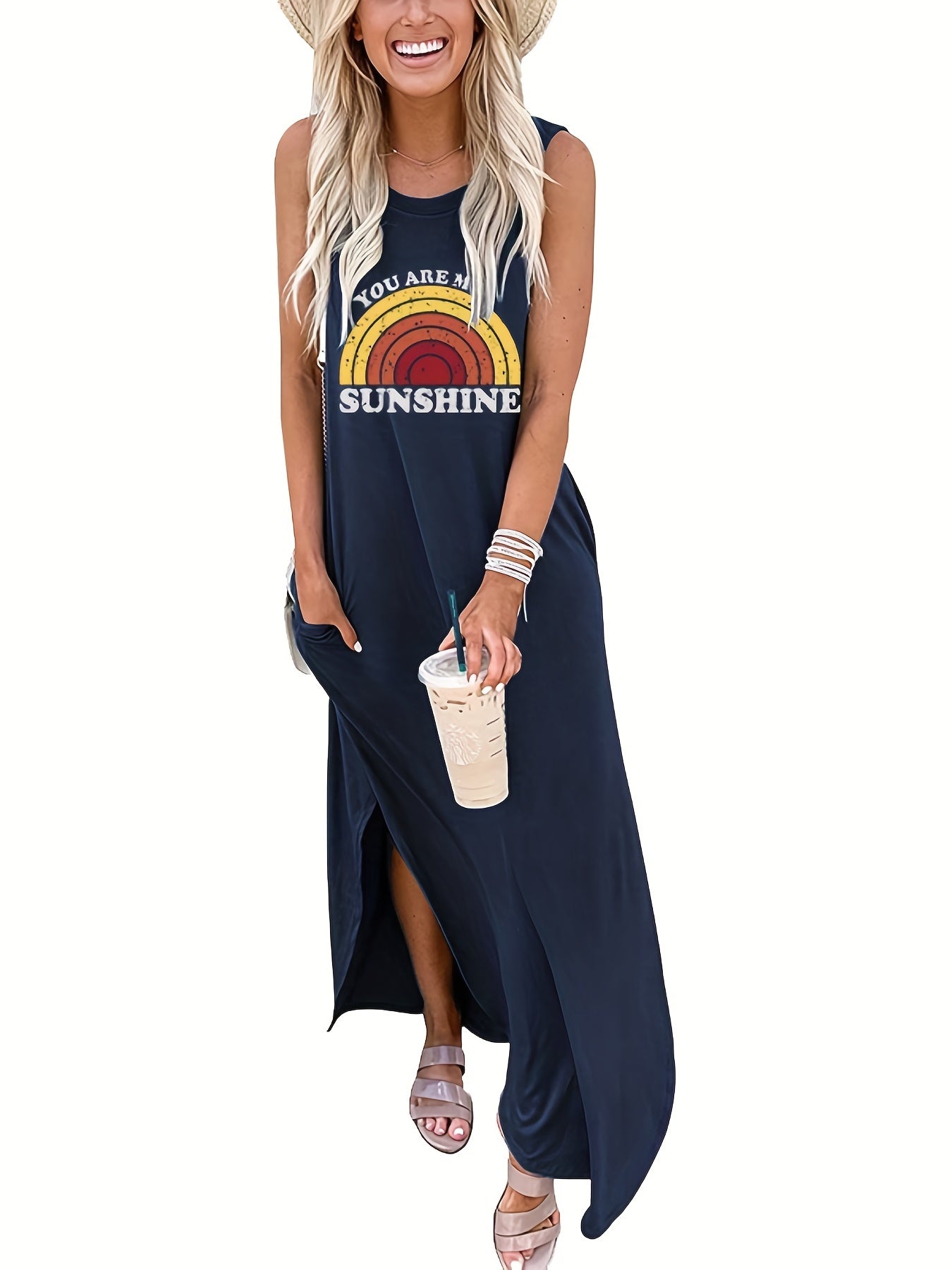 Rainbow Print Sleeveless Dress Casual Tank Dress For Spring & Summer