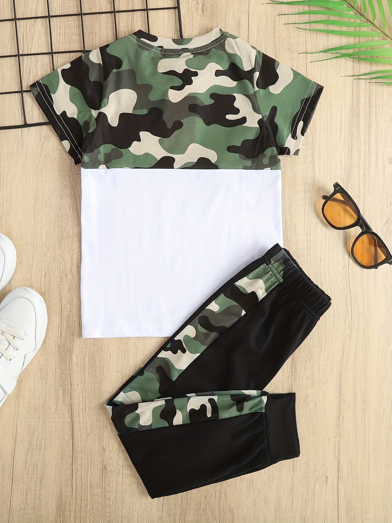 Boys Camo Outfit Set, Round Neck T-shirt & Pants, Kids Summer Clothing